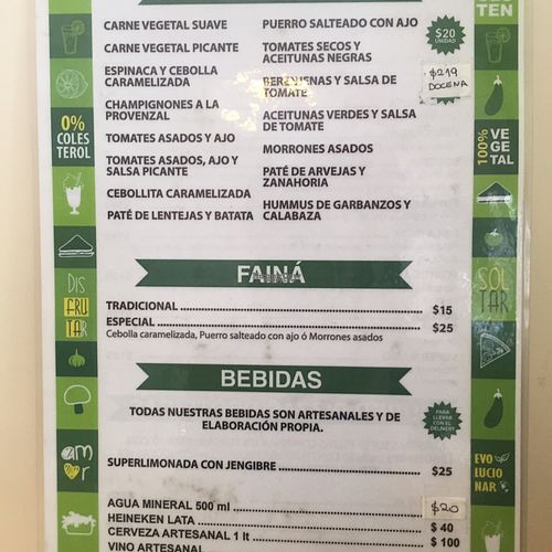 menu back at Pizza Vegana - Recoleta in Buenos Aires