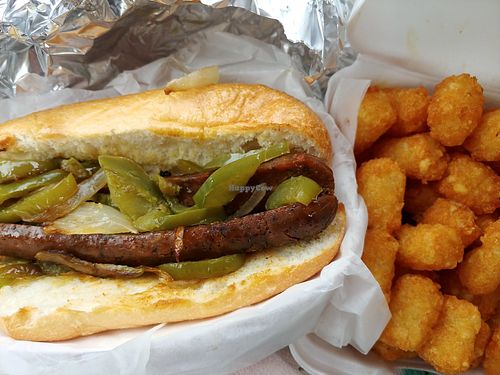 Sausage with green pepper and onions and original tots at Johnnie's Dog House in Wilmington