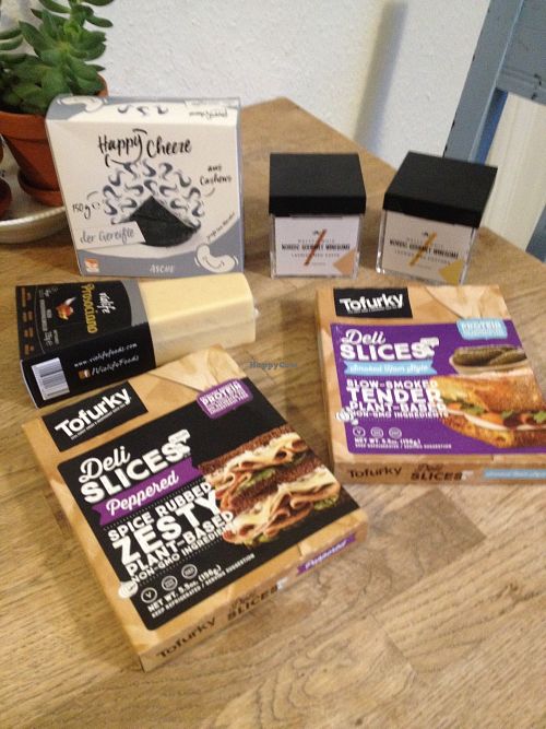 A few goodies that I picked up(there was also Tofurky sausages that I already put in the freezer so they keep while traveling). I hadn't tried the Happy Cheeze before, and it was sooo good! Looking forward to trying the Violife as well! at The Vegan Shop in Copenhagen