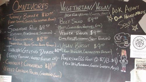 Vegan/vegetarian on right. Menu changes periodically.
Omnivore menu on left can often be made vegan if desired. at Black Sheep Lounge in Welland