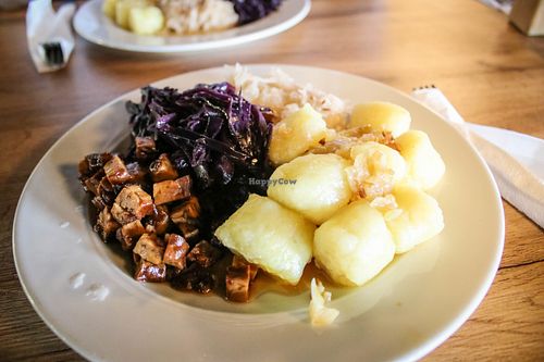 gluten-free gnocchi with tempeh and 2 types of cabbage at Fast & Healthy in Prague