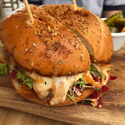 Hawaiian burger w vegan ham at Marcial by Mako in Cabo San Lucas