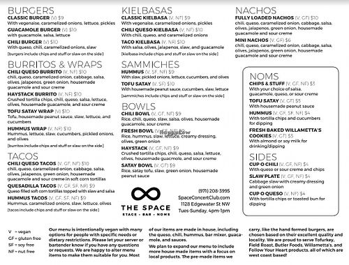 Menu at The Space in Salem