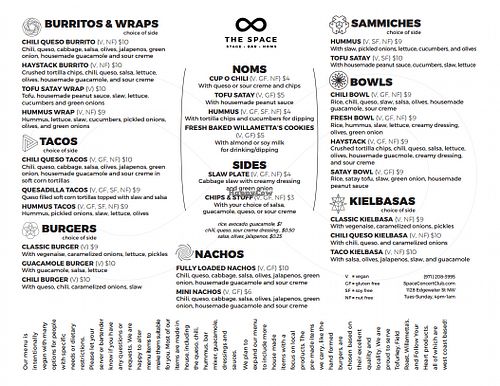 Menu at The Space in Salem