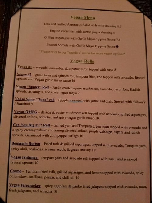 part of the vegan menu at Midtown Sushi in Sacramento