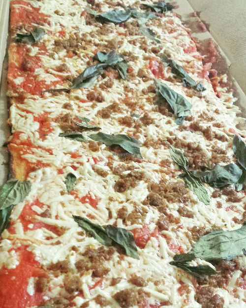 Veggie #5 plus vegan cheese and vegan sausage at Jules Thin Crust Pizza in Princeton