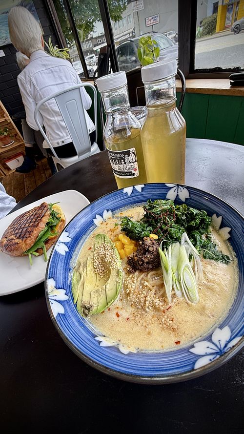 Jun, Green Tea, Breakfast Sando, Tan Tan Creamy Ramen!  at The Workshop Vegetarian Cafe in North Vancouver