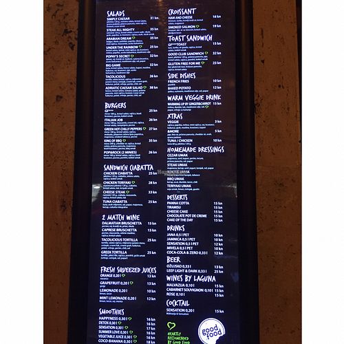 Menu at Good Food in Zagreb