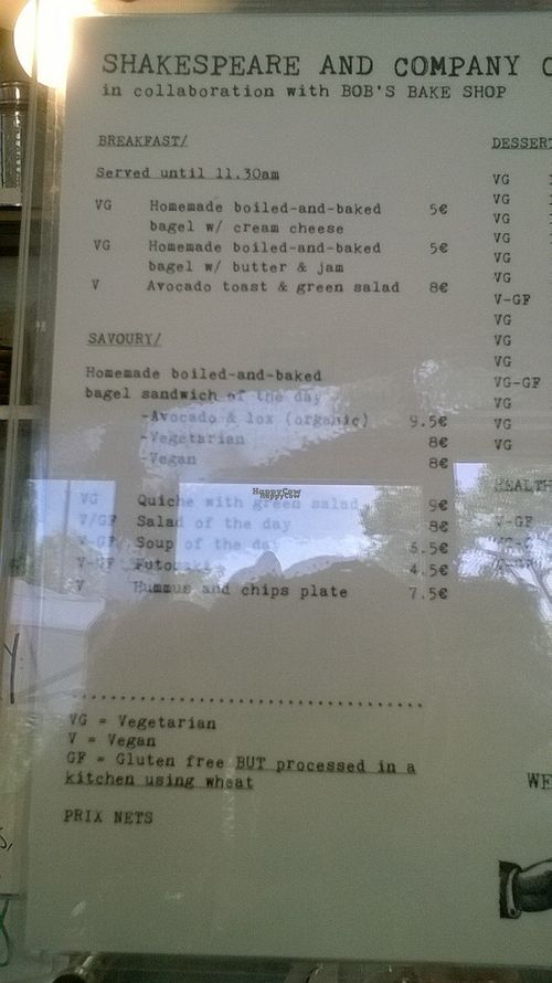 Menu. V = vegan; VG = vegetarian at Shakespeare and Company Cafe in Paris