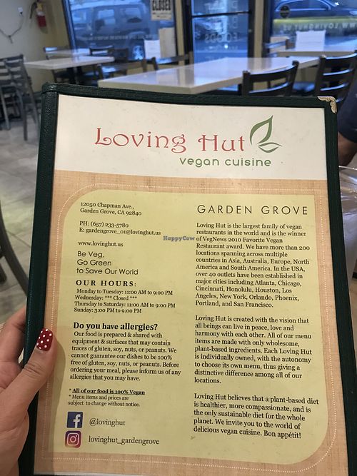 Front menu at Loving Hut in Garden Grove