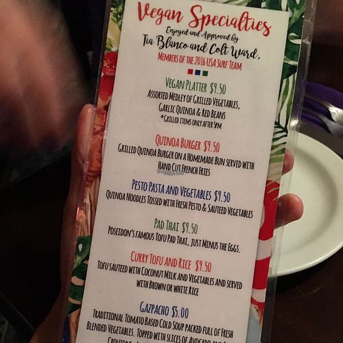 Vegan menu  at Poseidon Restaurant in Jaco