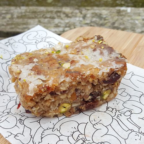 Flapjack otherwise known as Cuthbert cake (to take away - they were happy for us to use our own containers) at Pilgrims Coffee House in Lindisfarne