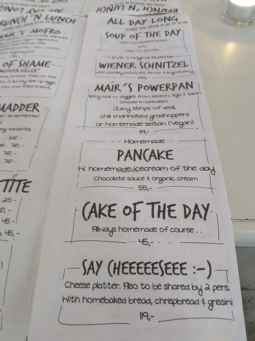 Menu in English at Cafe Mair's in Fredericia