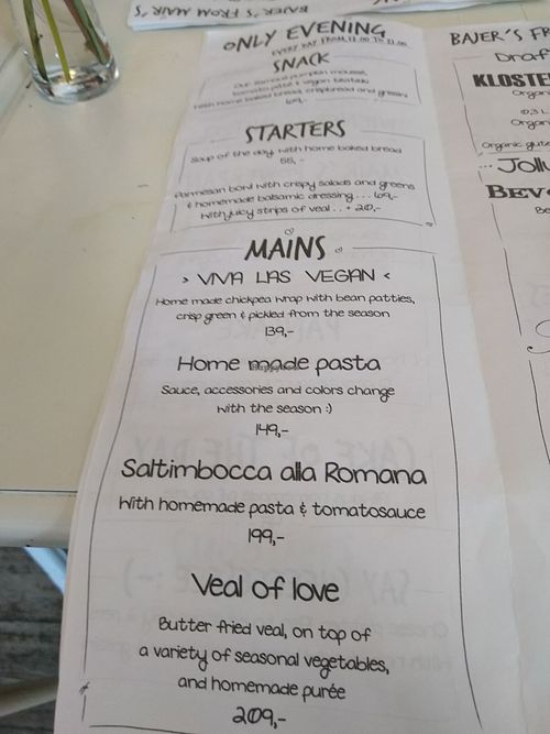 Menu in English at Cafe Mair's in Fredericia