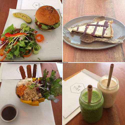 burger, bowl, smoothies and raw vegan cake at Vibe Cafe in Siem Reap