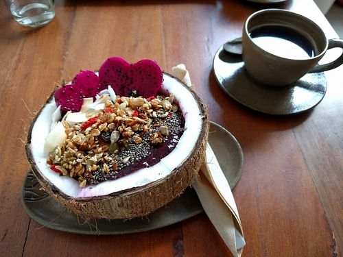 acai bowl and coffee at Vibe Cafe in Siem Reap