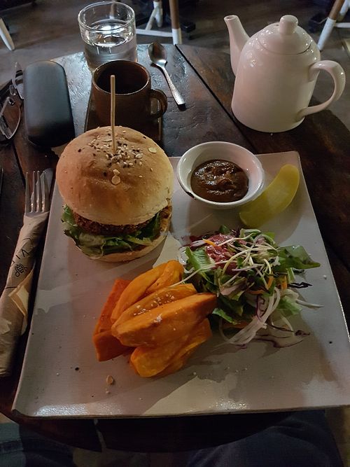 Vegan burger at Vibe Cafe in Siem Reap