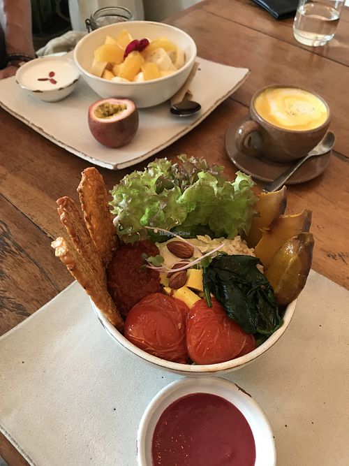 Breakfast Buddha and turmeric latte at Vibe Cafe in Siem Reap