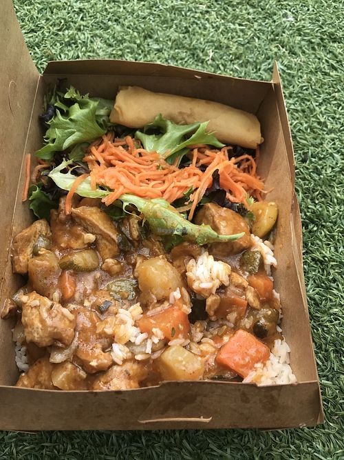 Tai curry tofu, white rice, and a veggie crispy roll at Sate Asian Grill in Boston