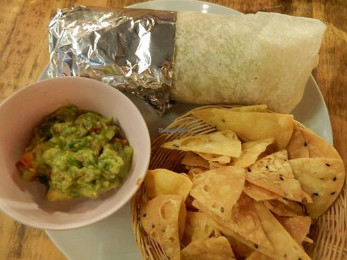 Vegan Burrito with chips and guacamoule  at Olé Tacos & Southern Thai Cuisine in Chiang Mai