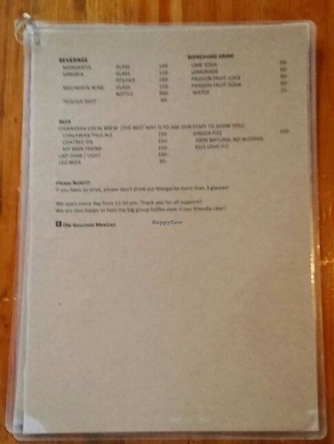 menu drinks at Olé Tacos & Southern Thai Cuisine in Chiang Mai