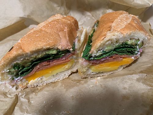 This is the best sub I have ever had ... 
"Ham" "Cheese" & Avocado Sandwich Baguette, "Ham", Cheddar & Provolone "Cheese", Spinach, Pickled Onions, Avocado & Onion Aioli.  at Parlour Vegan Bakery in Boca Raton
