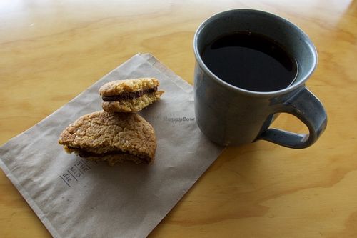 Filter coffee in hand made mug.
 at Pickle In The Middle in Unley