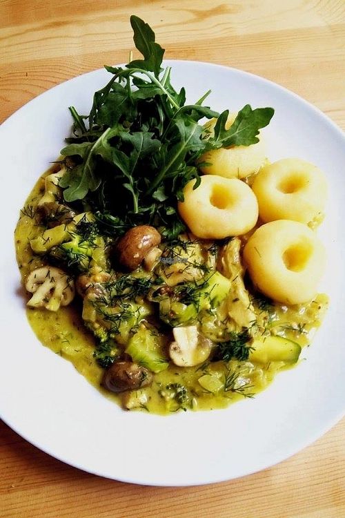 polish potato noodles with vegetable-mushroom stew at Woda wrze in Sopot