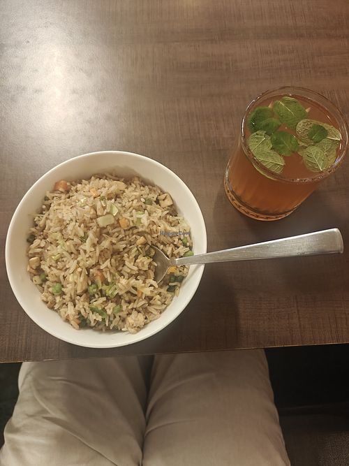 tofu friend rice and ginger and mint homemade kombucha at Snow Lion Hotel & Veg Restaurant in Dharamshala