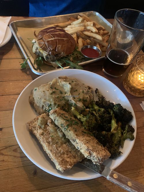 Chicken and gravy (front), burger with fries (rear)  at The Beer Plant in Austin