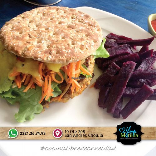 Oatmeal hamburger, hamburguesa at Mango Matilda in Puebla