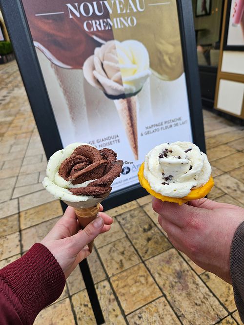 Zitrone-Basilikum (links) und Mango-Sorbet (rechts) sind vegan und lecker. at Amorino in Thionville
