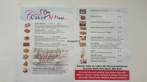 The menu at Cakes N More in Dublin