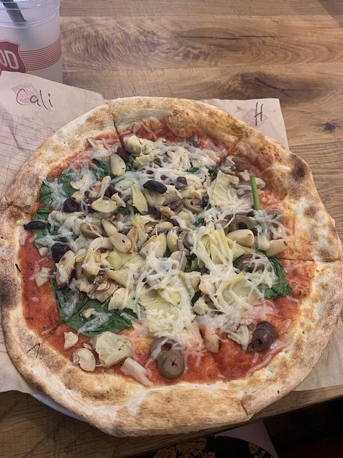 Vegan cheese, roasted garlic, artichoke, spinach and olives! at Mod Pizza in Naperville