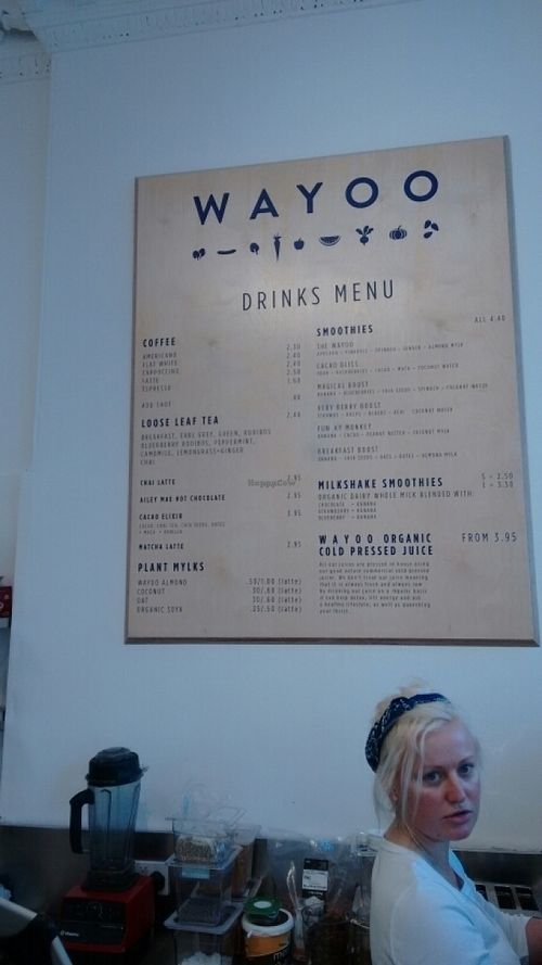 menu for drinks at Wayoo Juicery  in Edinburgh
