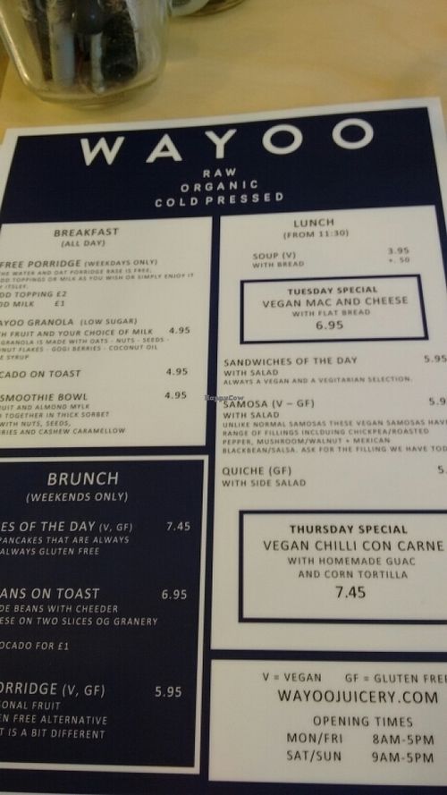 menu at Wayoo Juicery  in Edinburgh