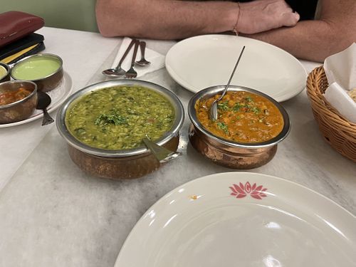 Vrindavan khichdi  (rice, spinach, dhal) and Chana  (chickpea) masala   at My Govinda's Restaurant in Dubai