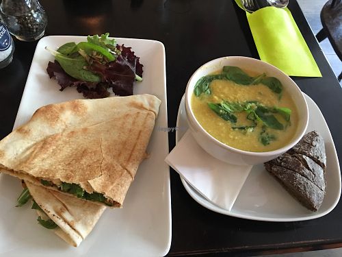 hummus 'vers' sandwich and a sort of curried corn and coconut soup at Eethuis Vers in Utrecht