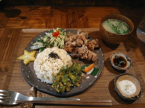 Japanese fried vege chicken plate with miso soup at Mana in Naha