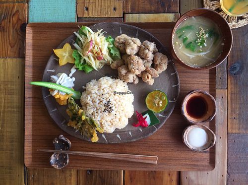 Japanese Fried Vege Chicken with miso soup at Mana in Naha