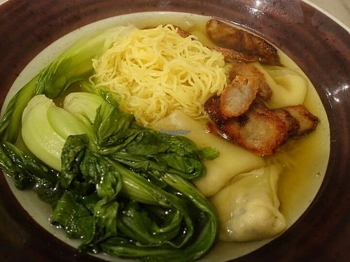 Wanton noodles with dumplings and mock char siew (pork) at Nature Cafe in Central Singapore