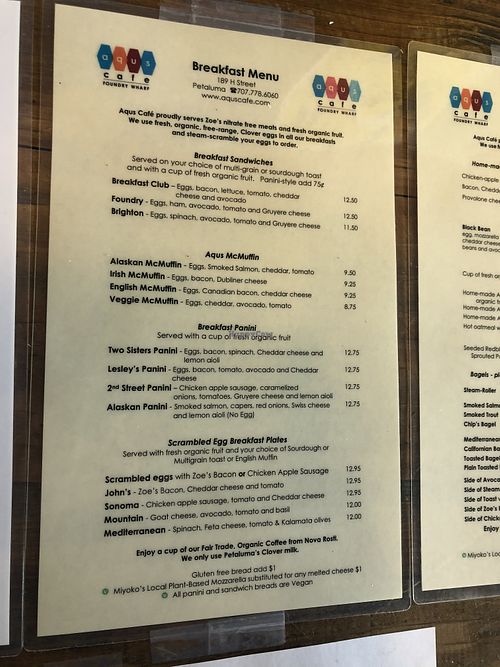 Menu as of 10/25/20 at Aqus Cafe in Petaluma