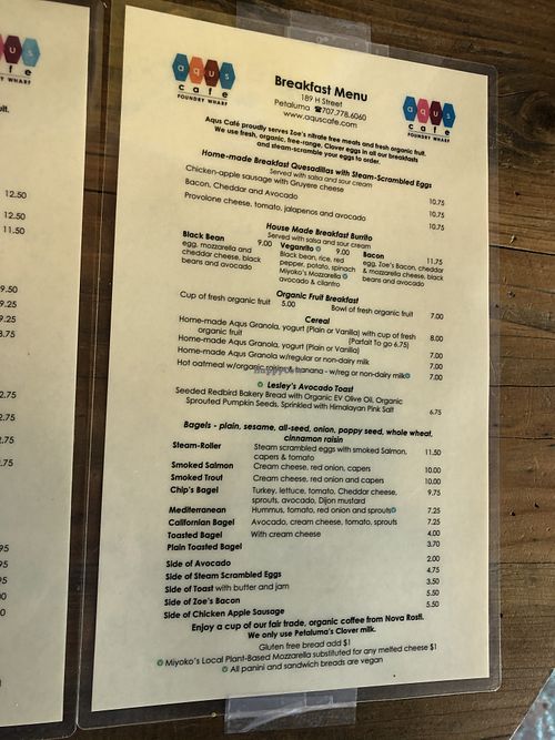 Menu as of 10/25/20 at Aqus Cafe in Petaluma