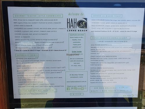 Menu as at 11/12/19 - V denotes vegan at HAH Lorne Beach in Lorne