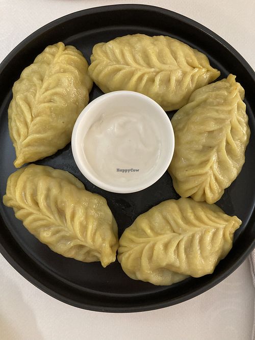 Pumpkin dumplings and vegan mayo  at Veggie House in Astana