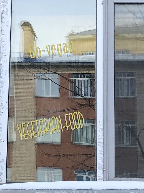 Window slogans  at Veggie House in Astana