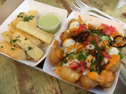 yucca and loaded tater tots at Curia on the Drag Food Truck in Gainesville