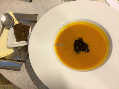 pumpkin soup with raw bread at Food of Love in Prague