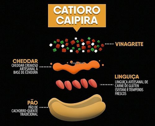 Country style hot dog. Hot dog bun, handmade gluten sausage, handmade vegan cheddar and vinaigrette salad. at Catioro Food - Food Stand in Brasilia
