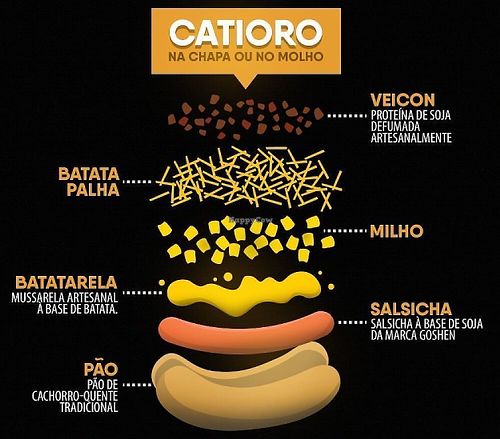 Tratiditional brazilian style hot dog. Hot dog bun, hot dog sausage, batatarela (potato based cheese), corn, shoestring potato and vegan bacon.  at Catioro Food - Food Stand in Brasilia